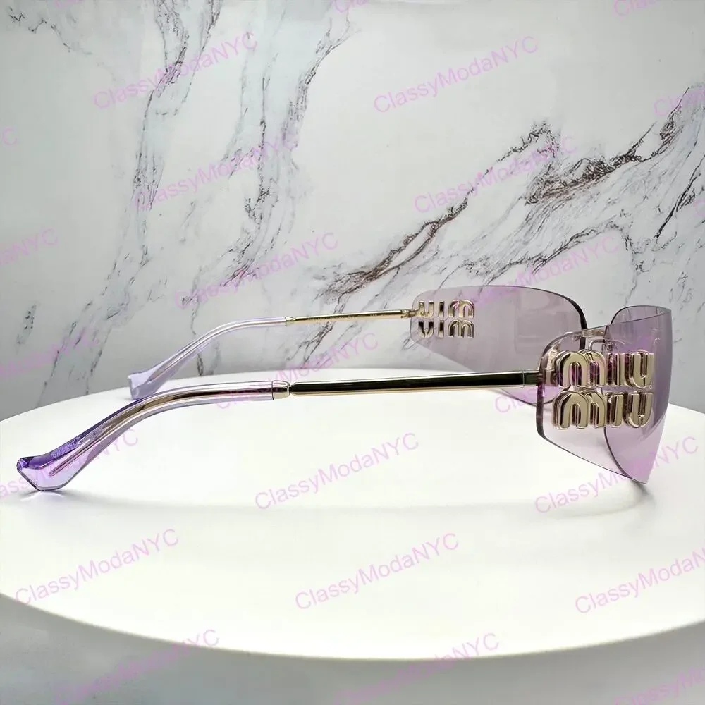 New MIU MIU Sunglasses Pale Gold Pink Lens Wrap Rimless AUTHENTIC Runway 2025